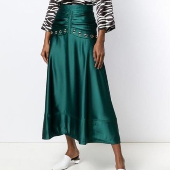 Self Portrait NWT Dark Green Satin Midi Skirt with Grommets US Size 8 - Picture 7 of 10